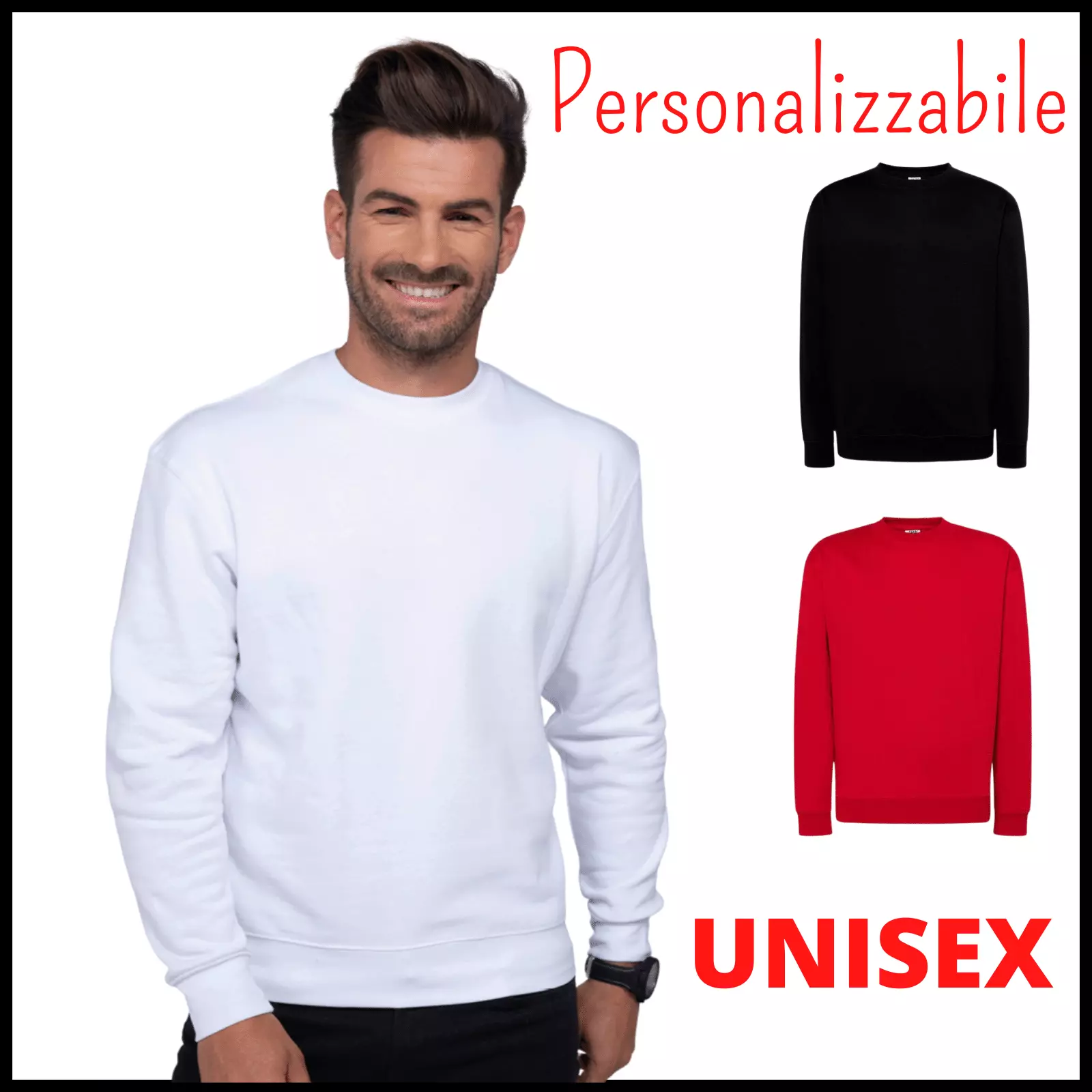 Felpa Maglione Uomo Donna Girocollo Maglia da Lavoro Invernale Personalizzabile in cotone Bianca Nera Rossa