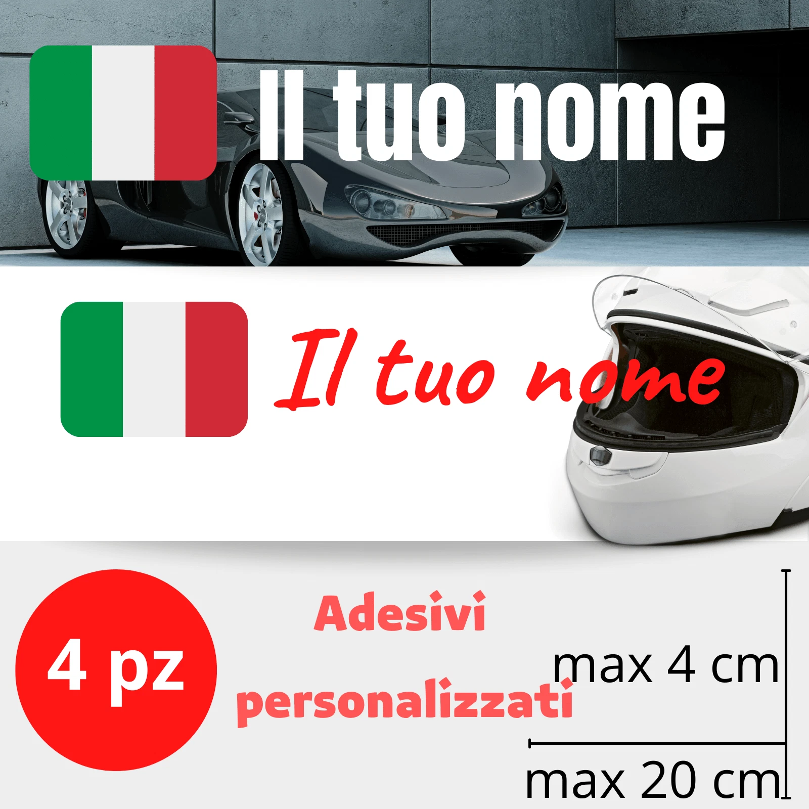 Adesivi con Nome e Bandiera Italiana Personalizzati Auto Moto Casco Biciclette Racchette